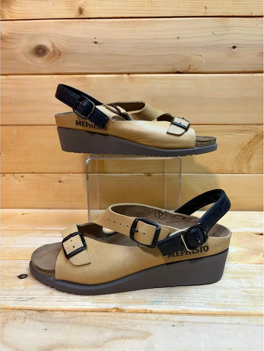 MEPHISTO Tan & Black Leather Wedge Elka Sandals Size 37 - Womens 7